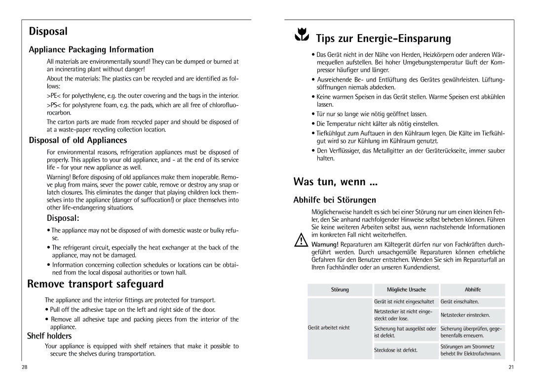 AEG K 7 10 43-4 I Disposal, Remove transport safeguard, Tips zur Energie-Einsparung, Was tun, wenn 