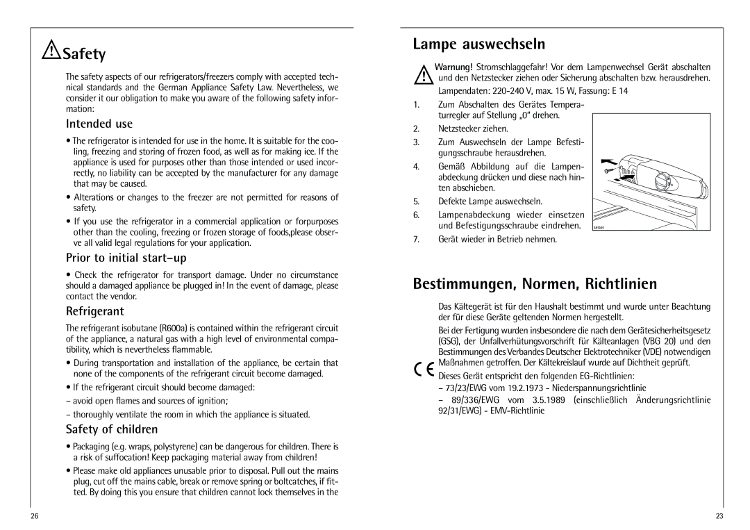 AEG K 7 10 43-4 I installation instructions Safety, Lampe auswechseln, Bestimmungen, Normen, Richtlinien 