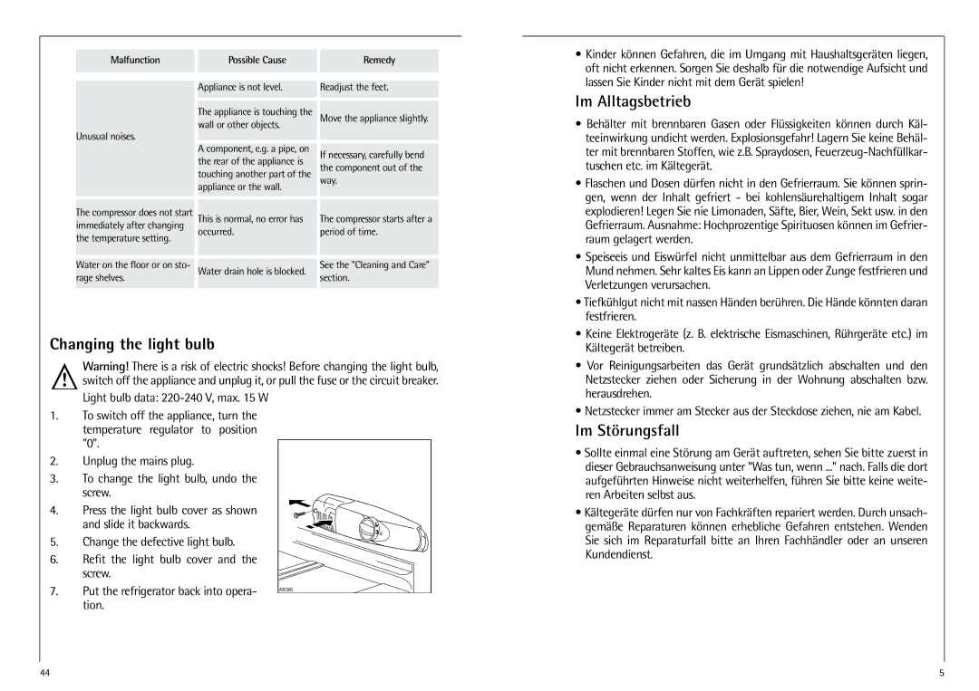 AEG K 7 10 43-4 I installation instructions Im Alltagsbetrieb, Changing the light bulb, Im Störungsfall 