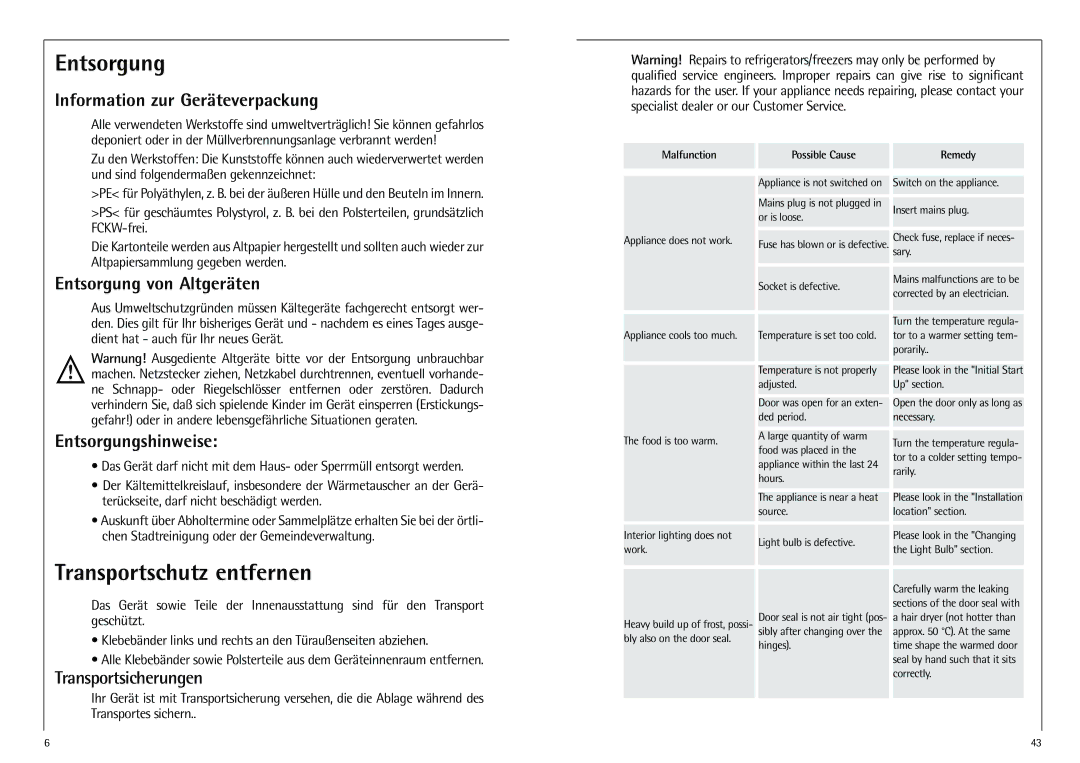 AEG K 7 10 43-4 I installation instructions Entsorgung, Transportschutz entfernen 