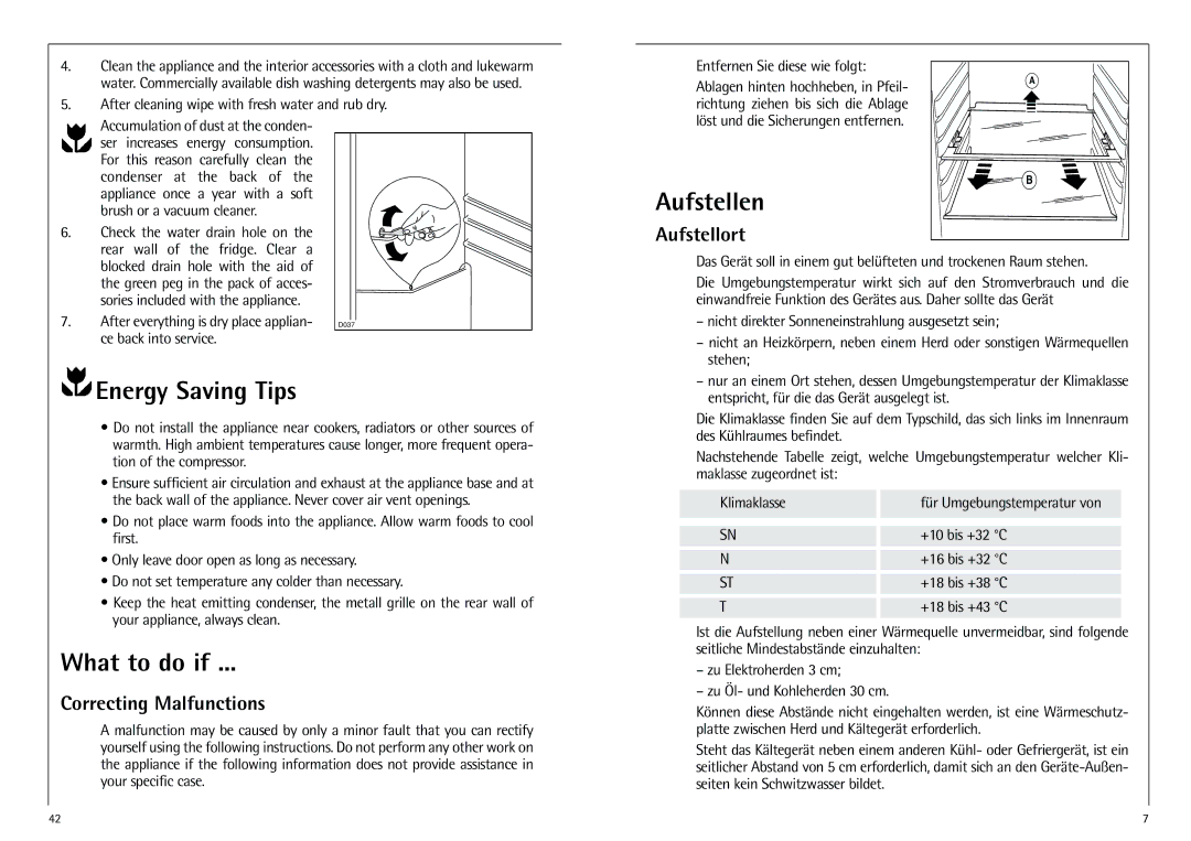 AEG K 7 10 43-4 I Aufstellen, Energy Saving Tips, What to do if, Aufstellort, Correcting Malfunctions 