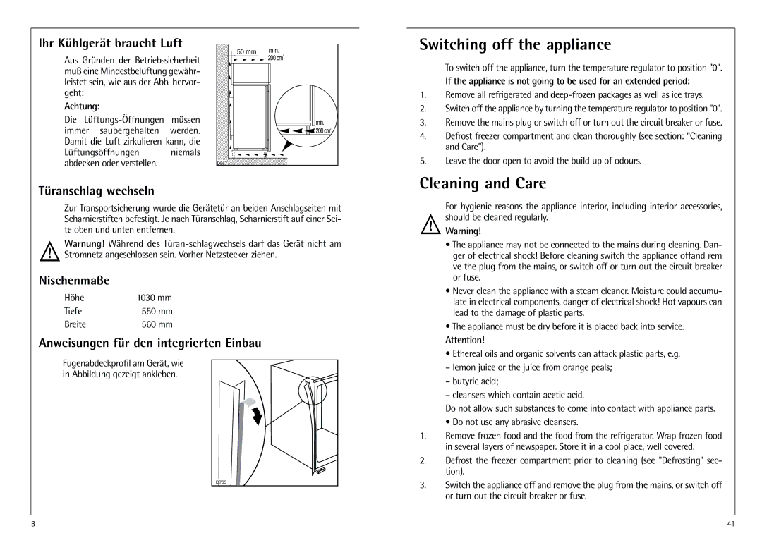 AEG K 7 10 43-4 I installation instructions Switching off the appliance, Cleaning and Care 