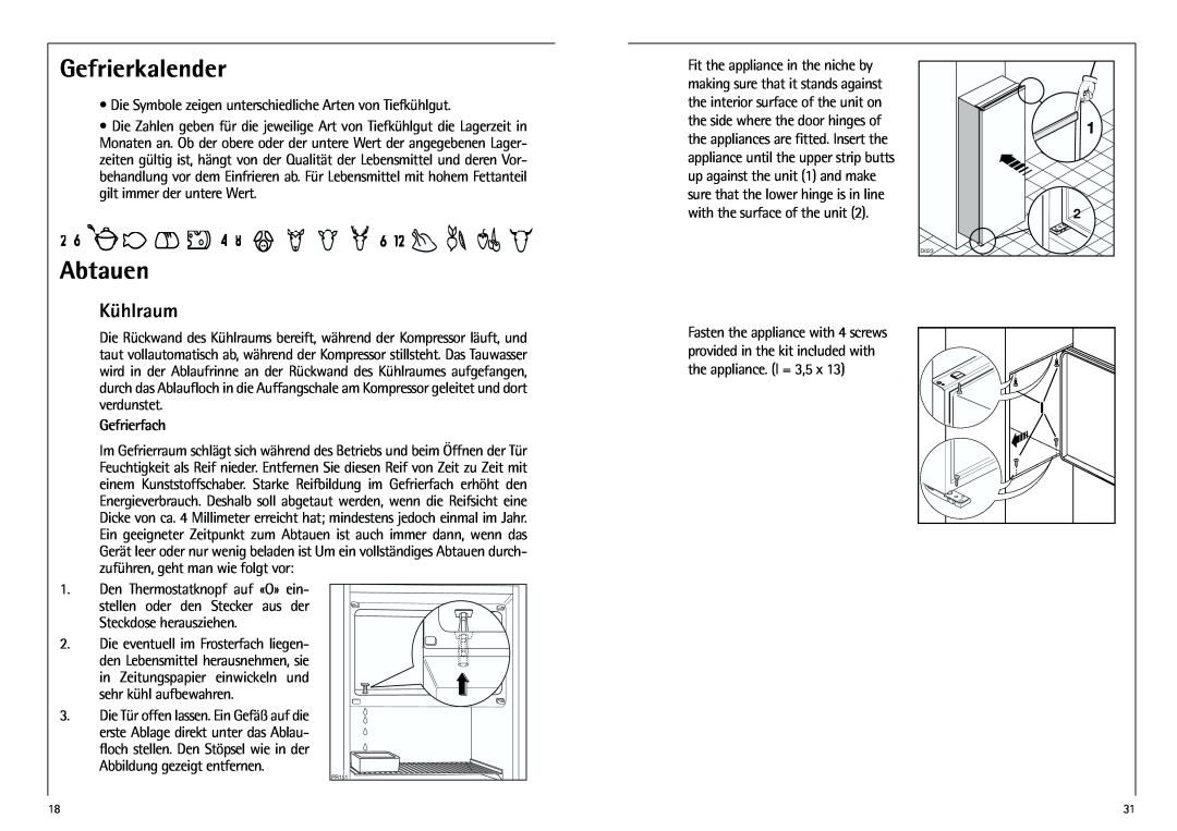AEG K 7 10 43-4 I installation instructions Gefrierkalender, Abtauen, Kühlraum, Gefrierfach 