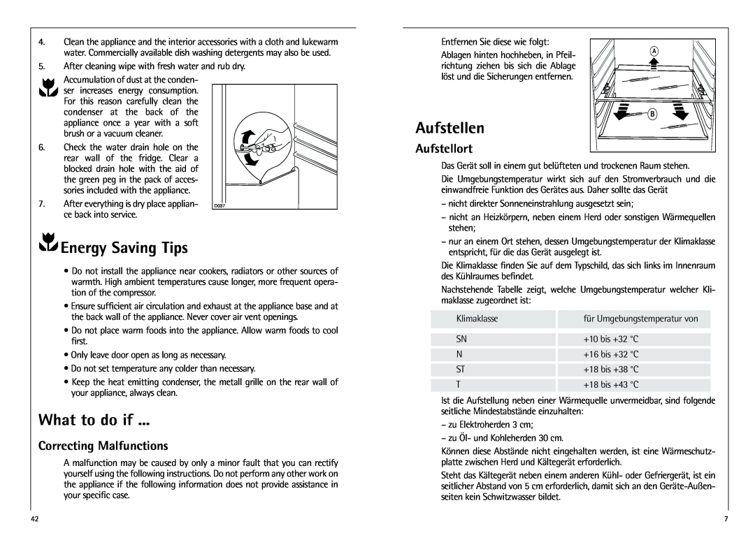 AEG K 7 10 43-4 I Aufstellen, Energy Saving Tips, What to do if, Aufstellort, Correcting Malfunctions 