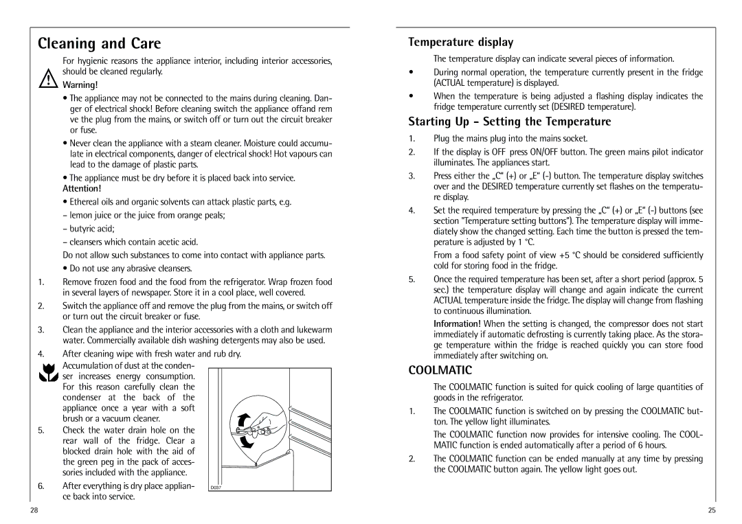 AEG K 9 18 00-4 I installation instructions Cleaning and Care, Temperature display, Starting Up Setting the Temperature 