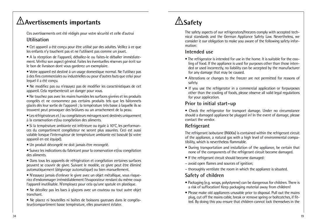 AEG K 9 18 00-4 I installation instructions Avertissements importants, Safety 