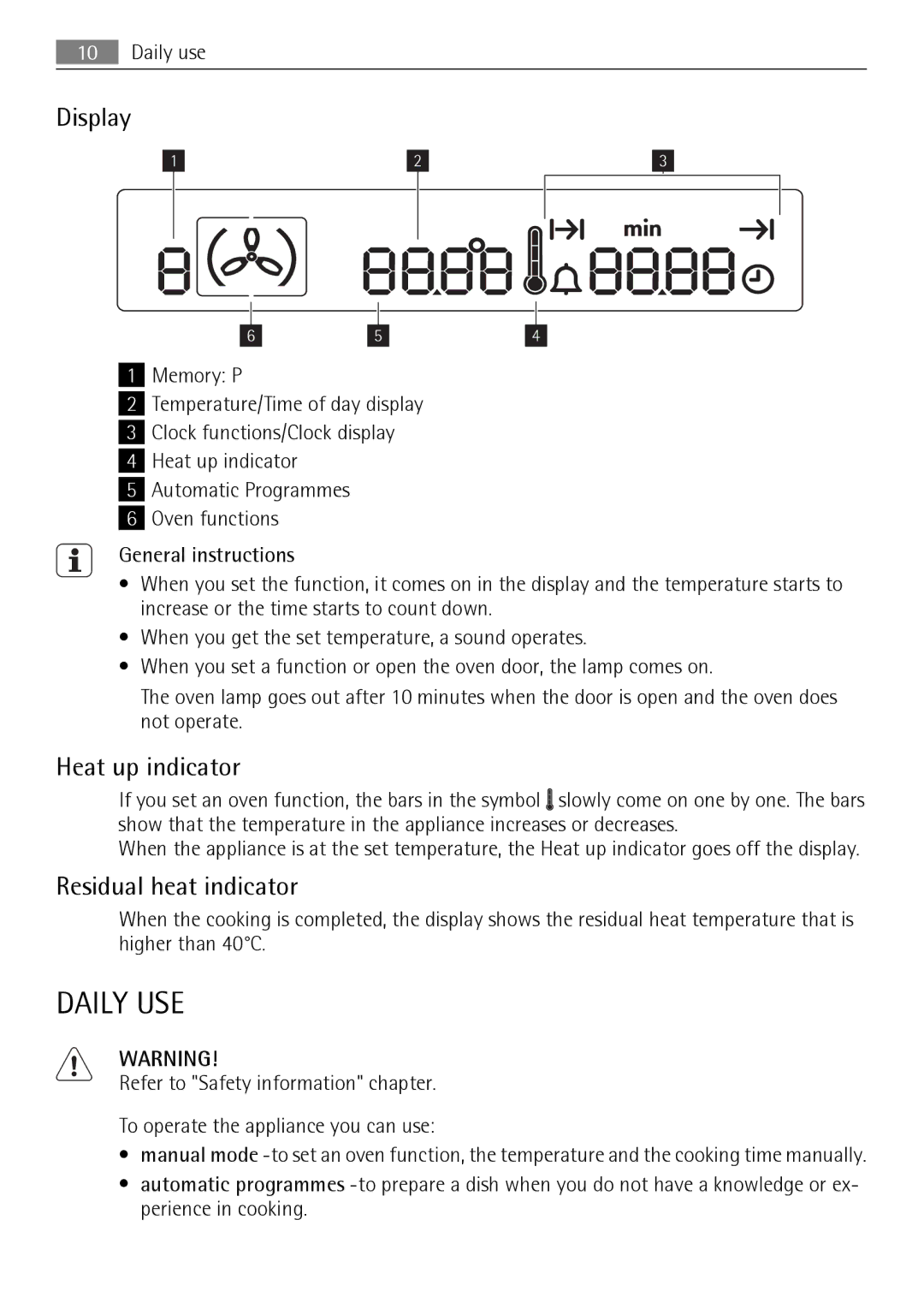 AEG KB7100000 user manual Daily USE, Display, Heat up indicator, Residual heat indicator 