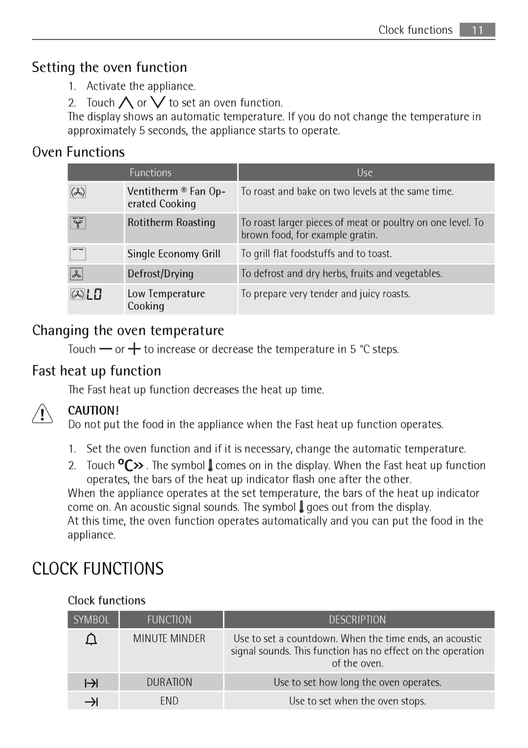 AEG KB7100000 user manual Clock Functions, Setting the oven function, Oven Functions, Changing the oven temperature 