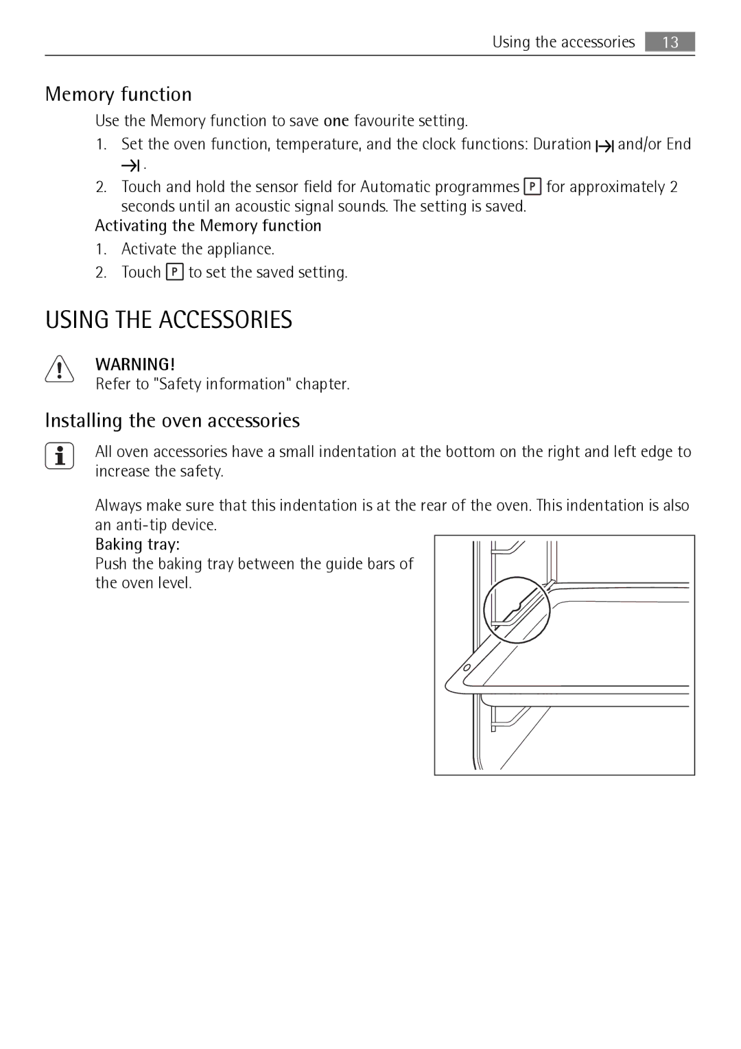 AEG KB7100000 user manual Using the Accessories, Memory function, Installing the oven accessories 