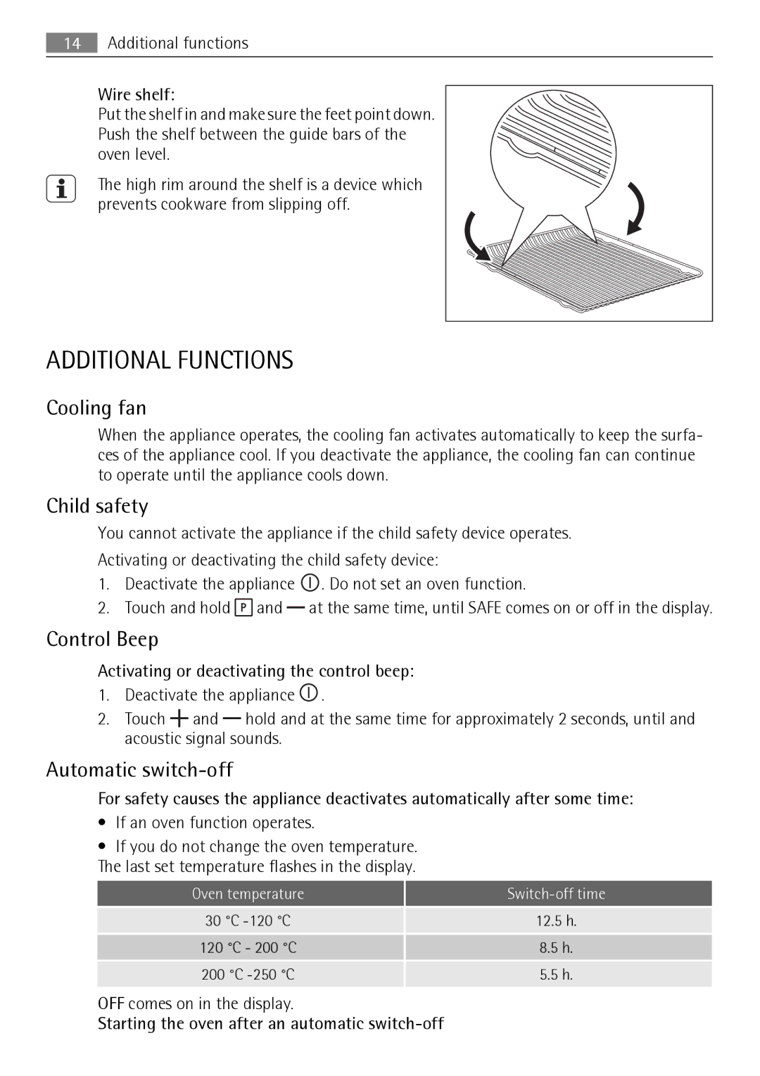 AEG KB7100000 user manual Additional Functions, Cooling fan, Child safety, Control Beep, Automatic switch-off 