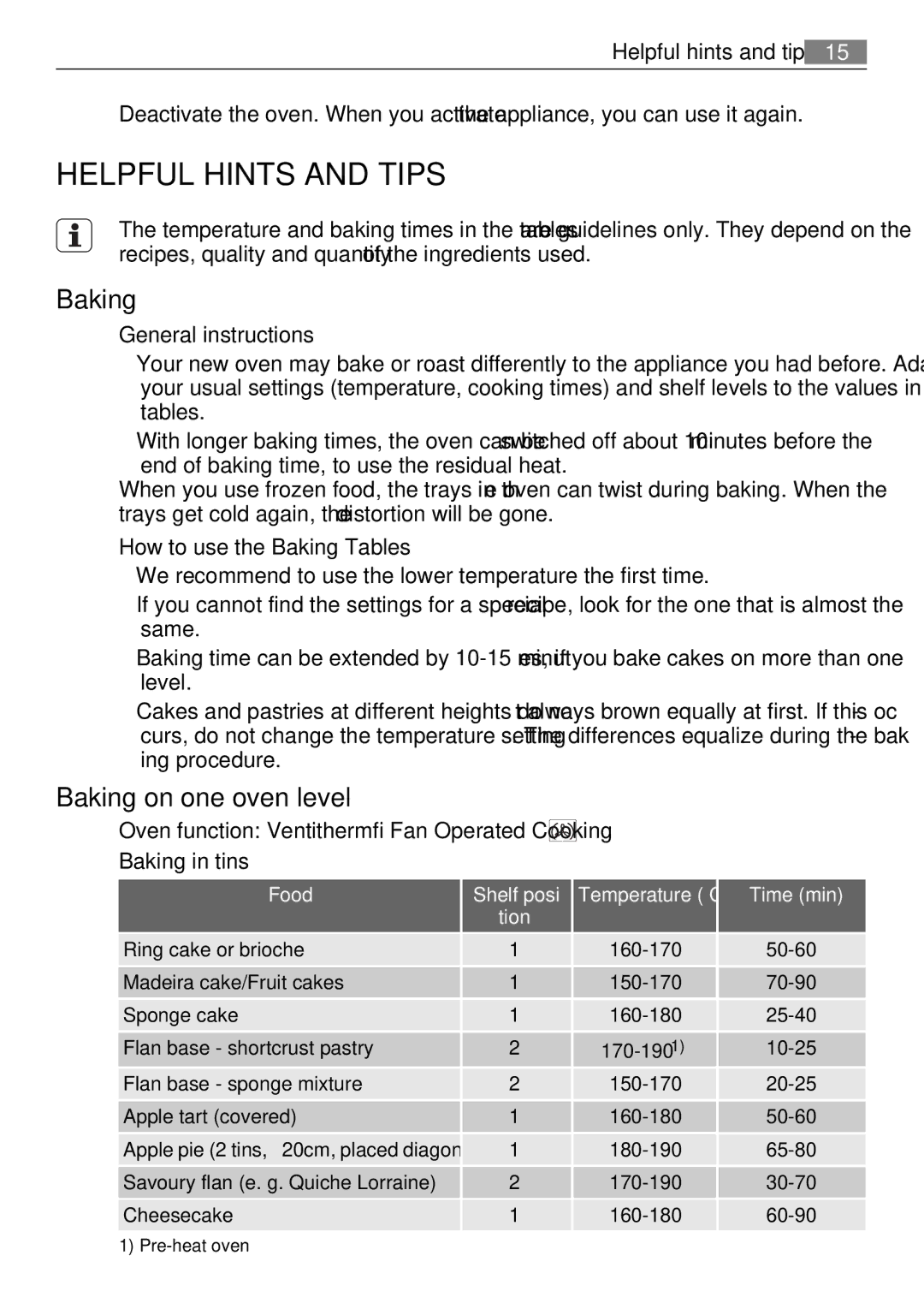 AEG KB7100000 user manual Helpful Hints and Tips, Baking on one oven level, Food Shelf posi, Time min 