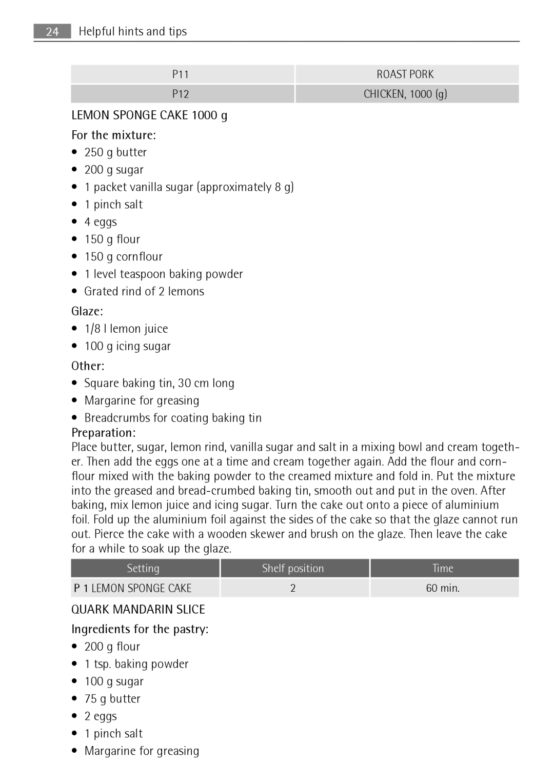 AEG KB7100000 user manual Setting, Shelf position Time 