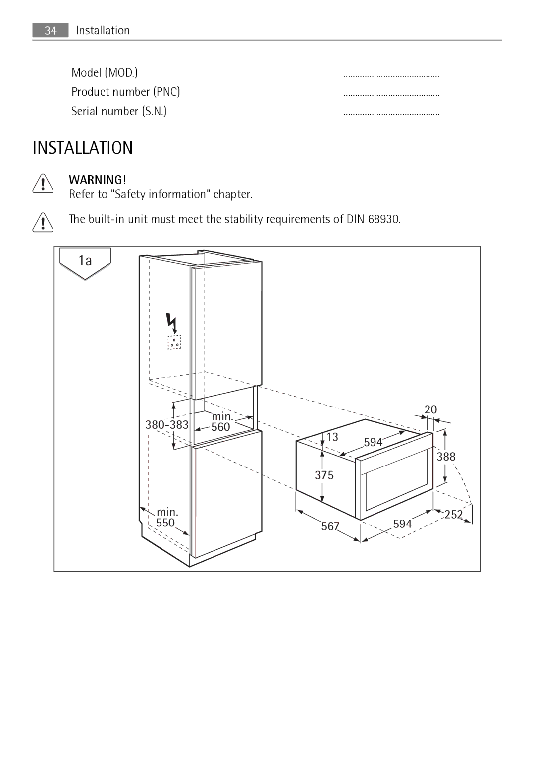 AEG KB7100000 user manual Installation Model MOD Product number PNC Serial number S.N 