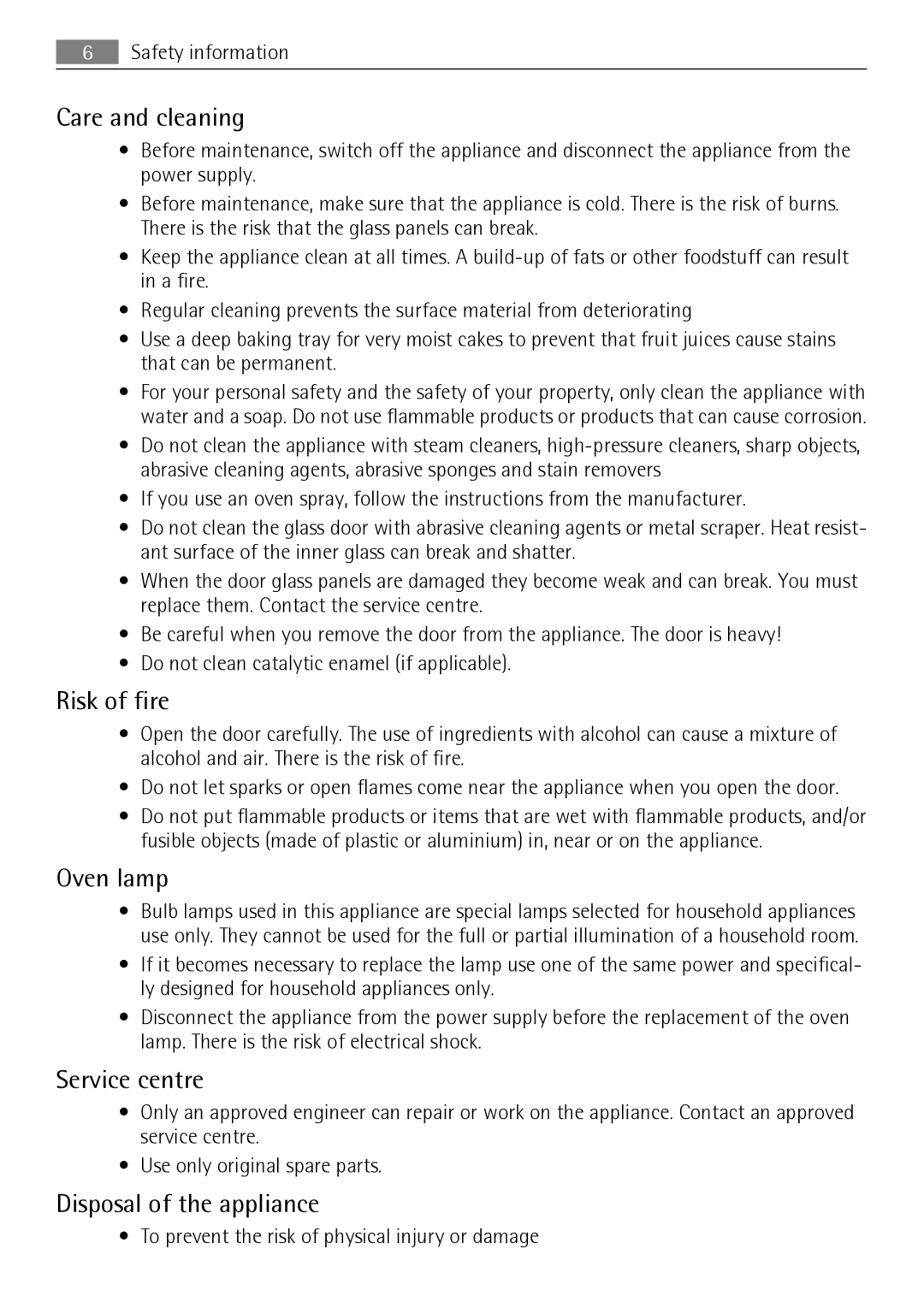 AEG KB7100000 user manual Care and cleaning, Risk of fire, Oven lamp, Service centre, Disposal of the appliance 