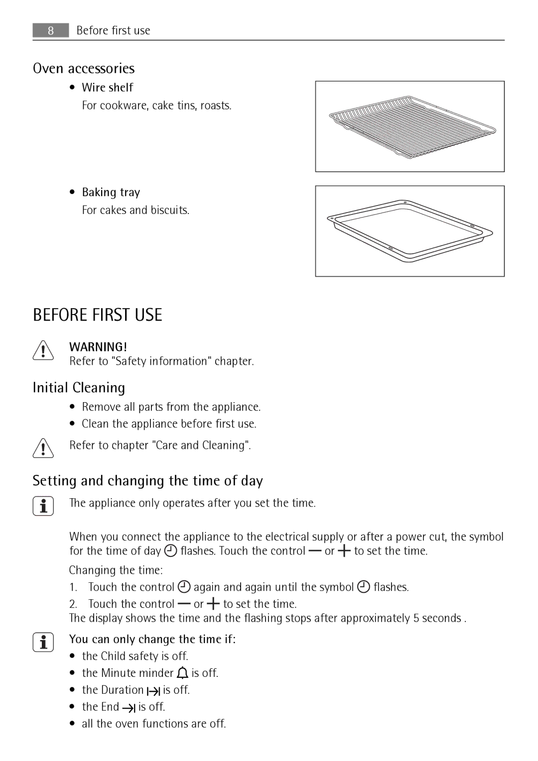 AEG KB7100000 user manual Before First USE, Oven accessories, Initial Cleaning, Setting and changing the time of day 