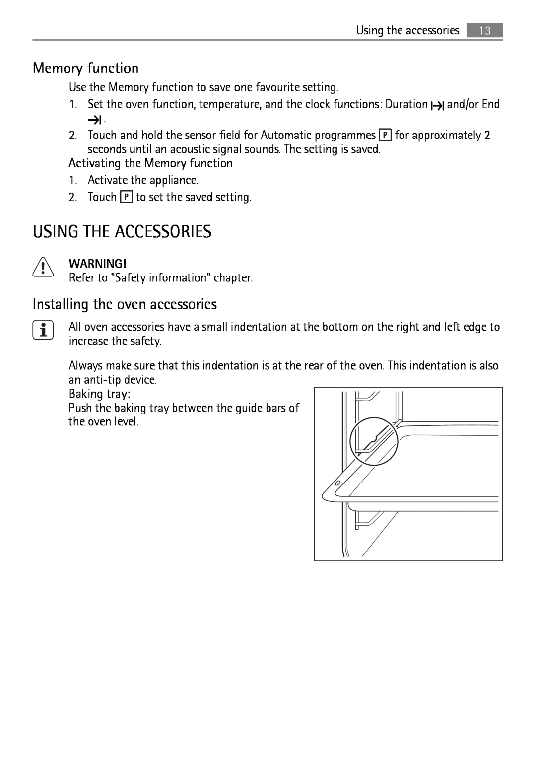 AEG KB7100000 user manual Using The Accessories, Memory function, Installing the oven accessories 