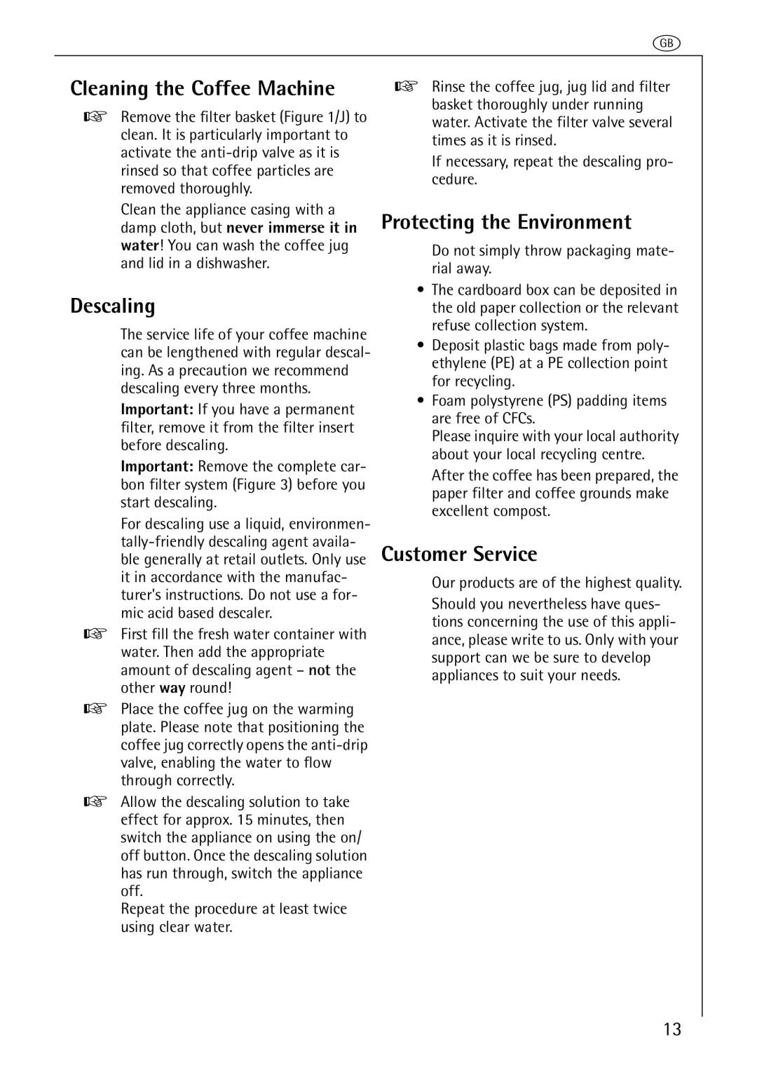 AEG KF 2061 AROMA, KF 2062 TIMER manual Cleaning the Coffee Machine, Descaling, Protecting the Environment, Customer Service 