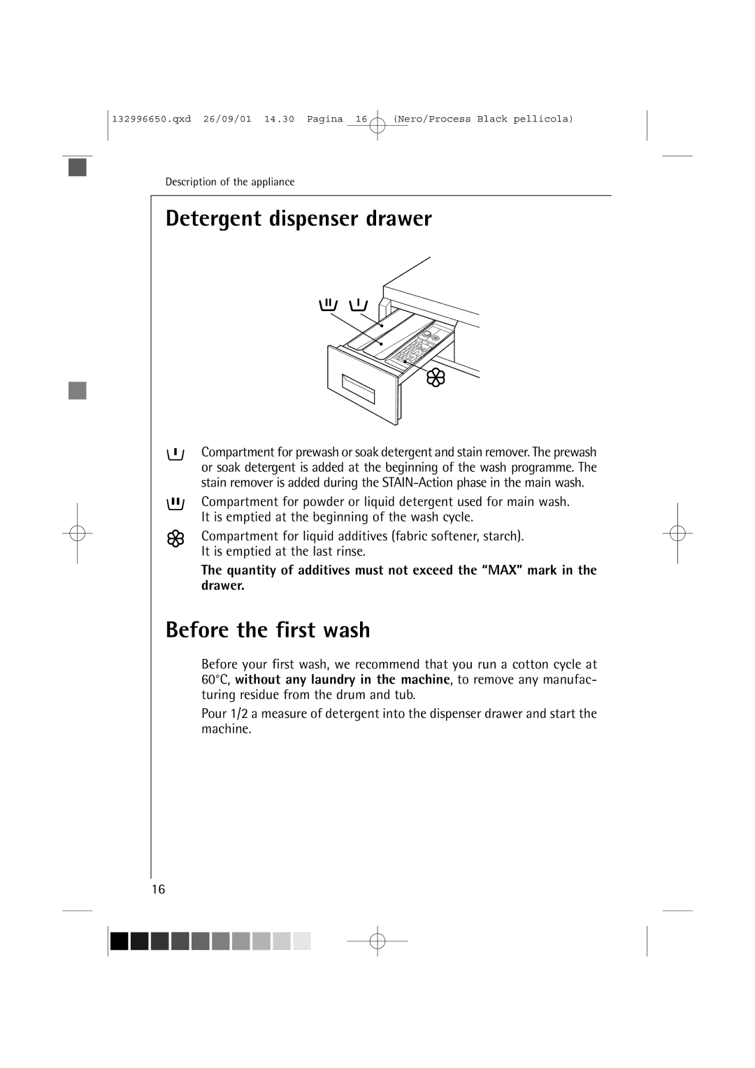 AEG L 1045 E manual Detergent dispenser drawer, Before the first wash 