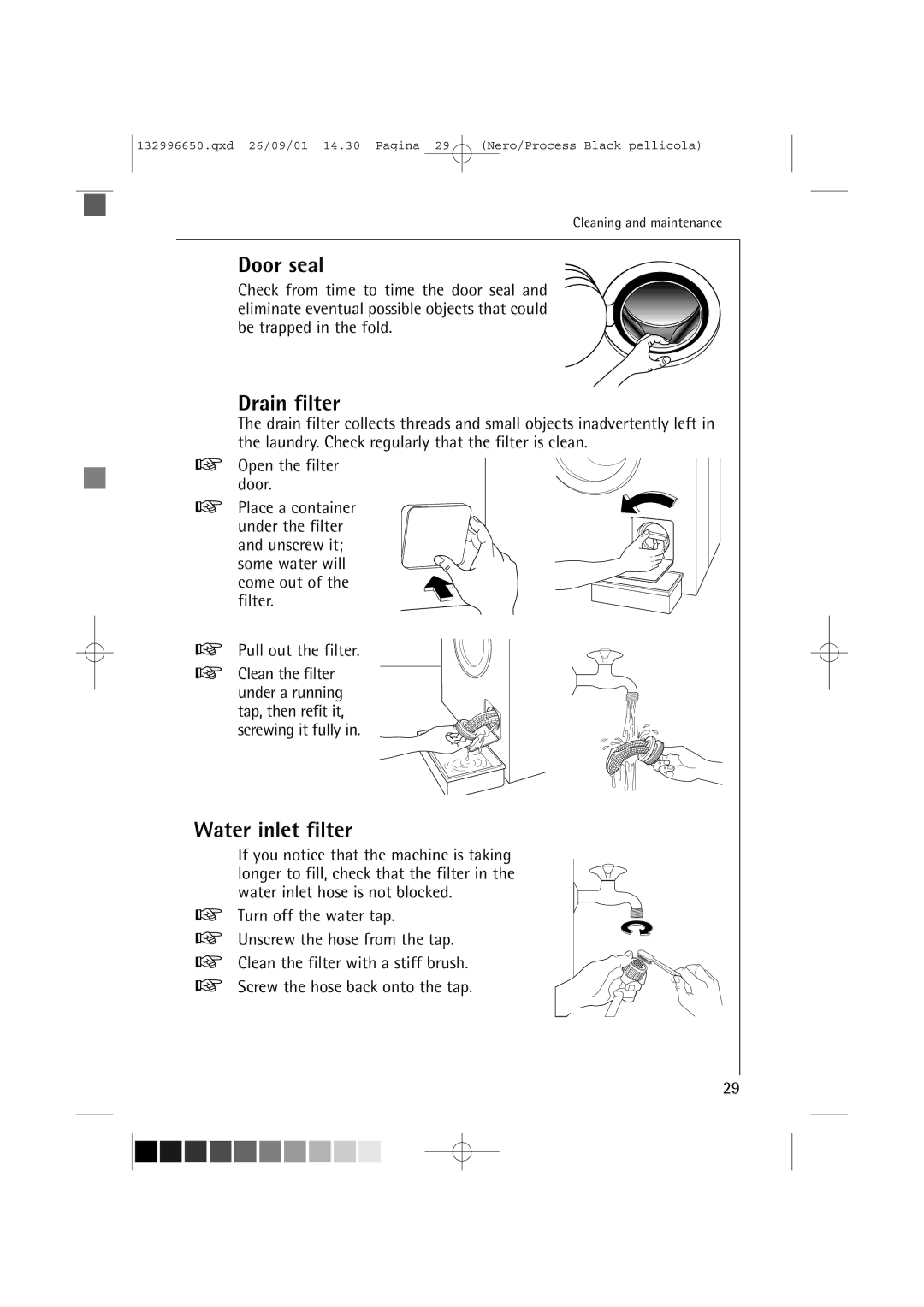 AEG L 1045 E manual Door seal, Drain filter, Water inlet filter 