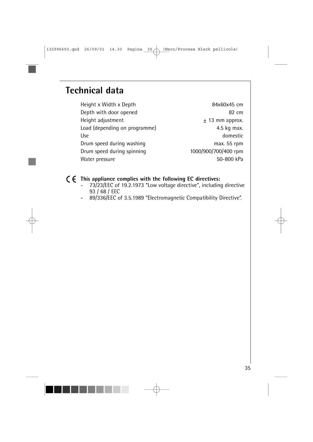 AEG L 1045 E manual Technical data, This appliance complies with the following EC directives 