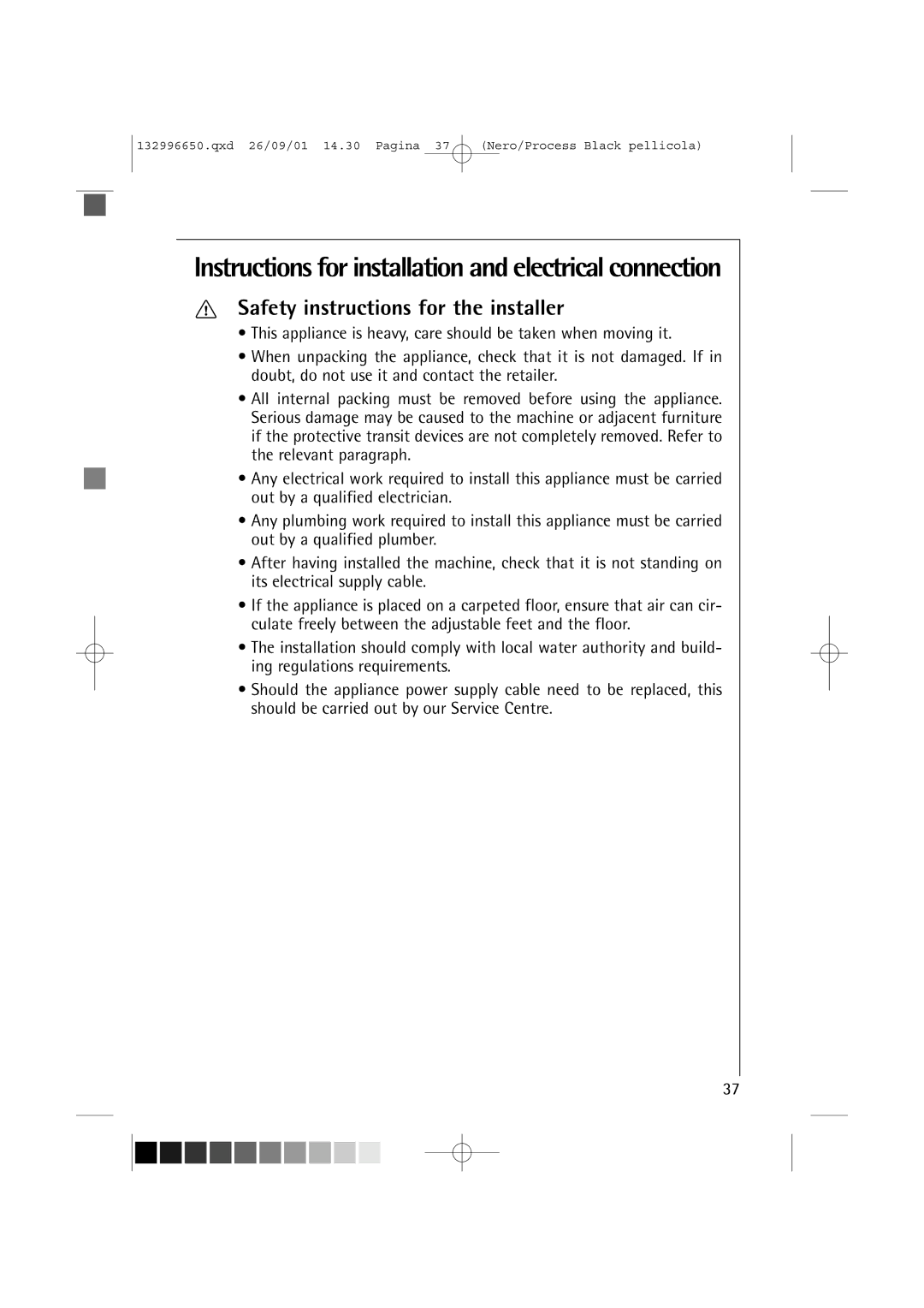 AEG L 1045 E manual Instructions for installation and electrical connection, Safety instructions for the installer 