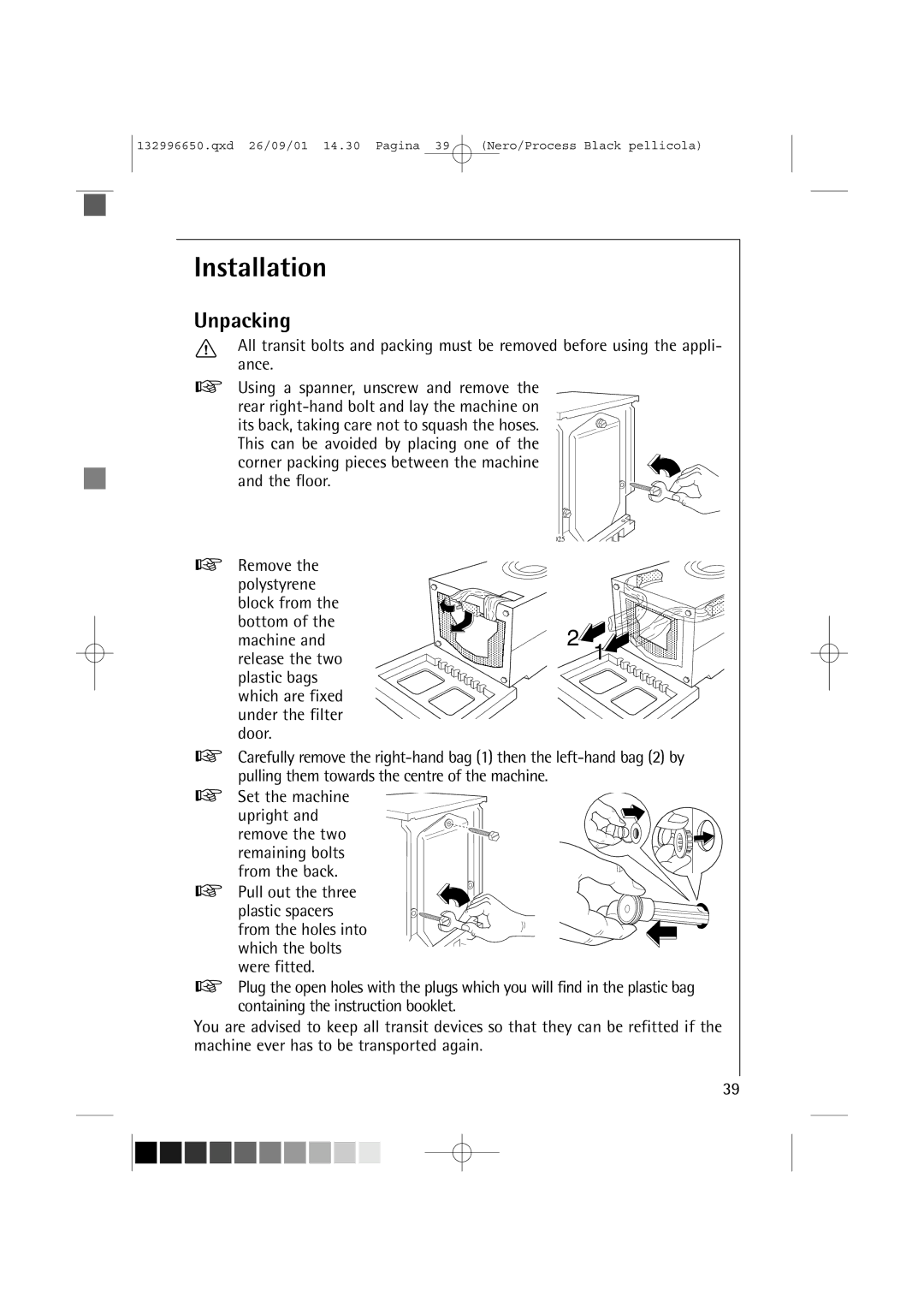 AEG L 1045 E manual Installation, Unpacking 