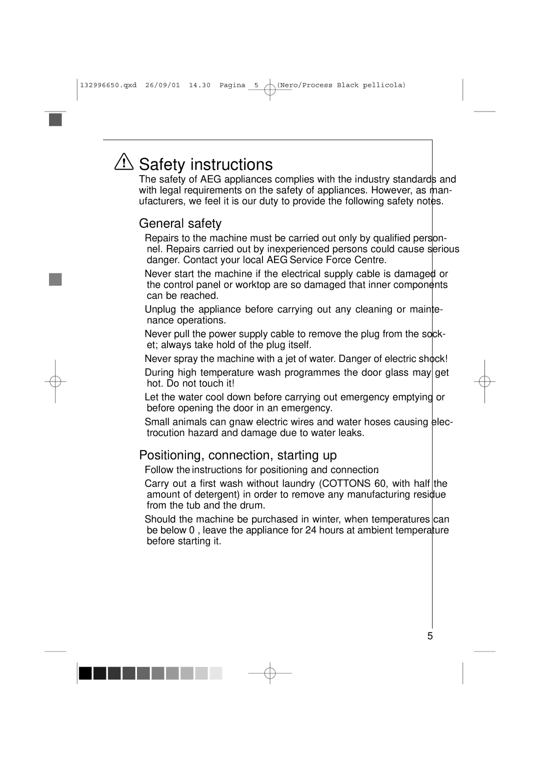 AEG L 1045 E manual Safety instructions, General safety, Positioning, connection, starting up 