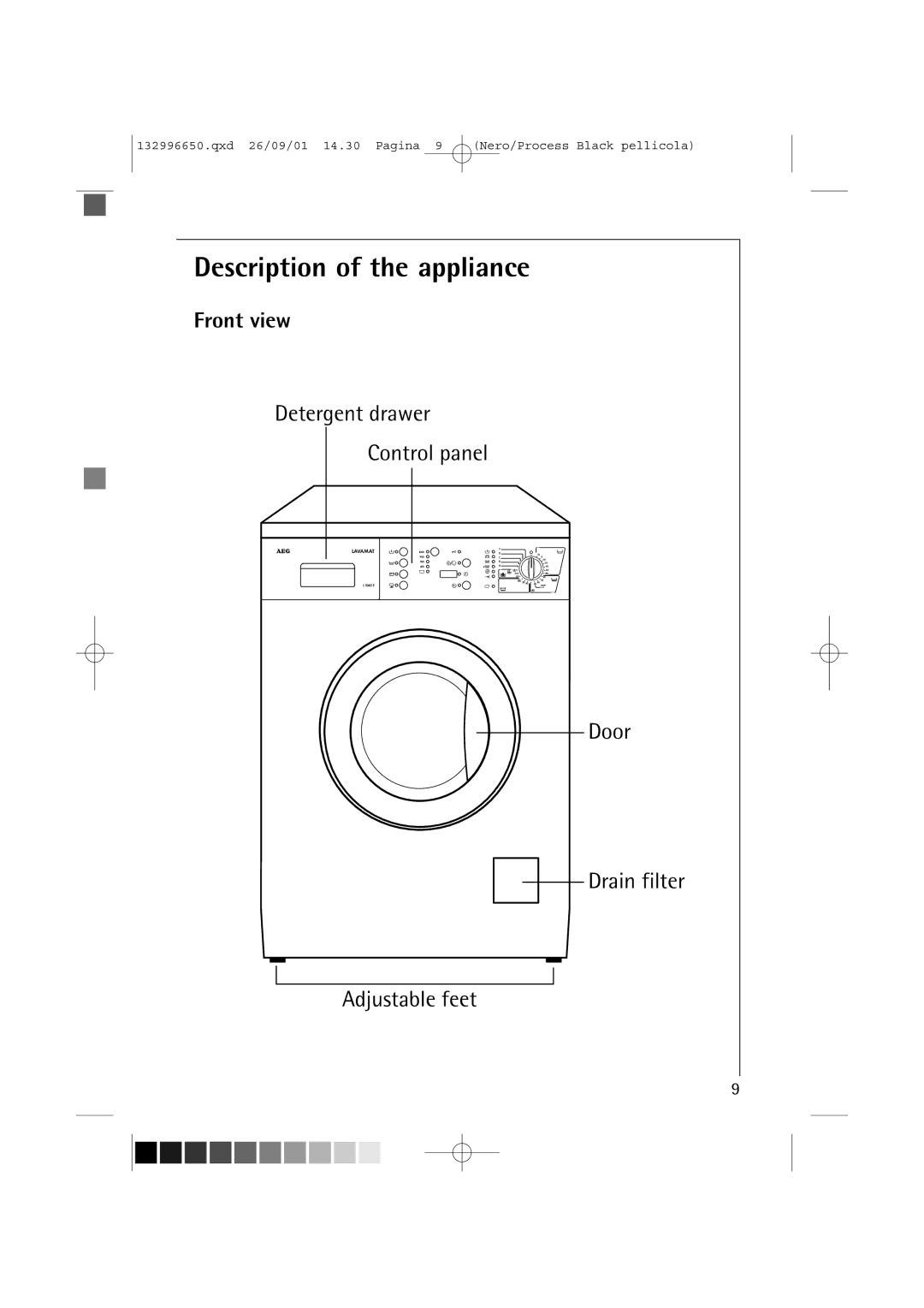 AEG L 1045 E manual Description of the appliance, Front view 