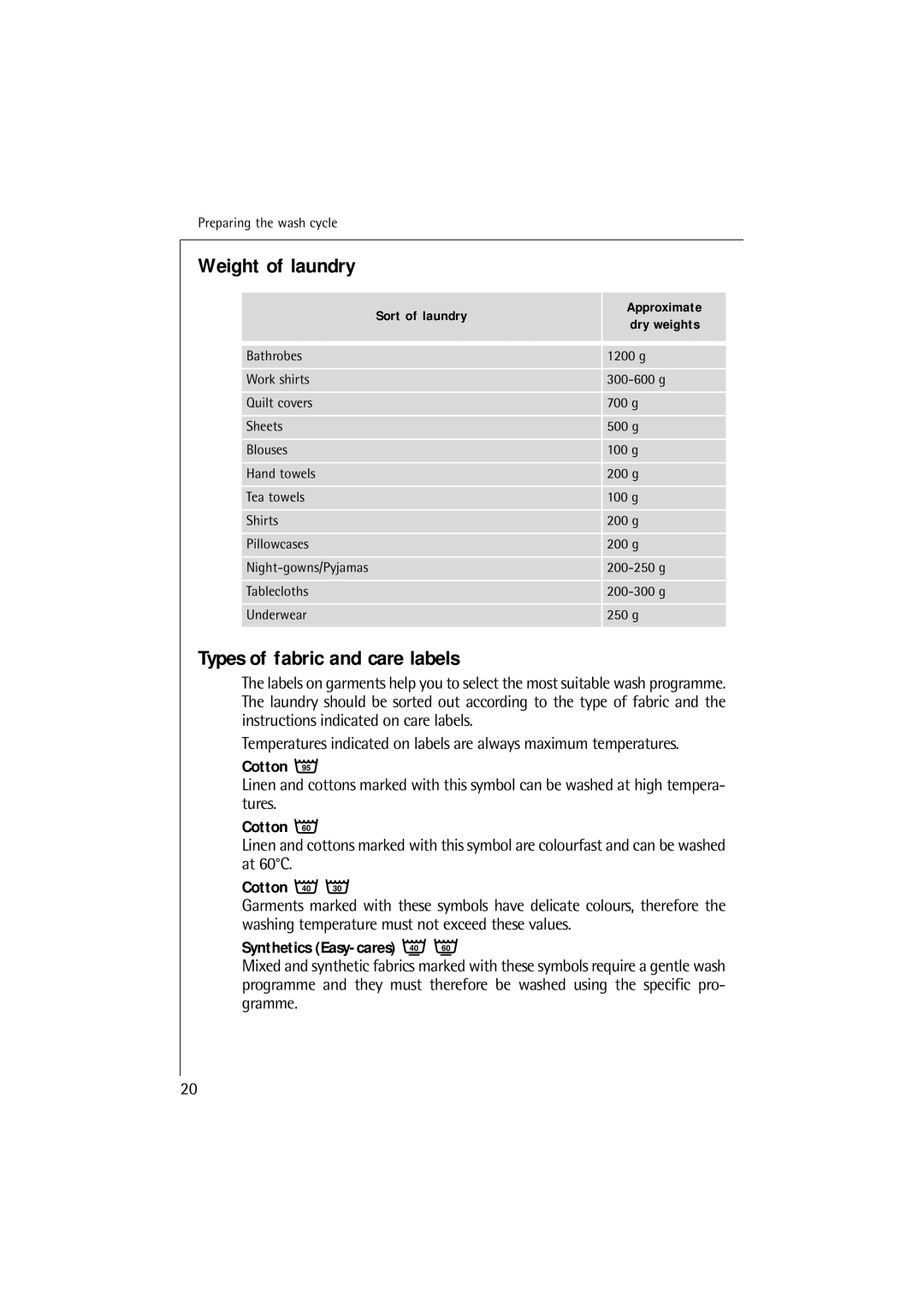 AEG L 12510 VI, L 14510 VI manual Weight of laundry, Types of fabric and care labels, Cotton, Synthetics Easy-cares 