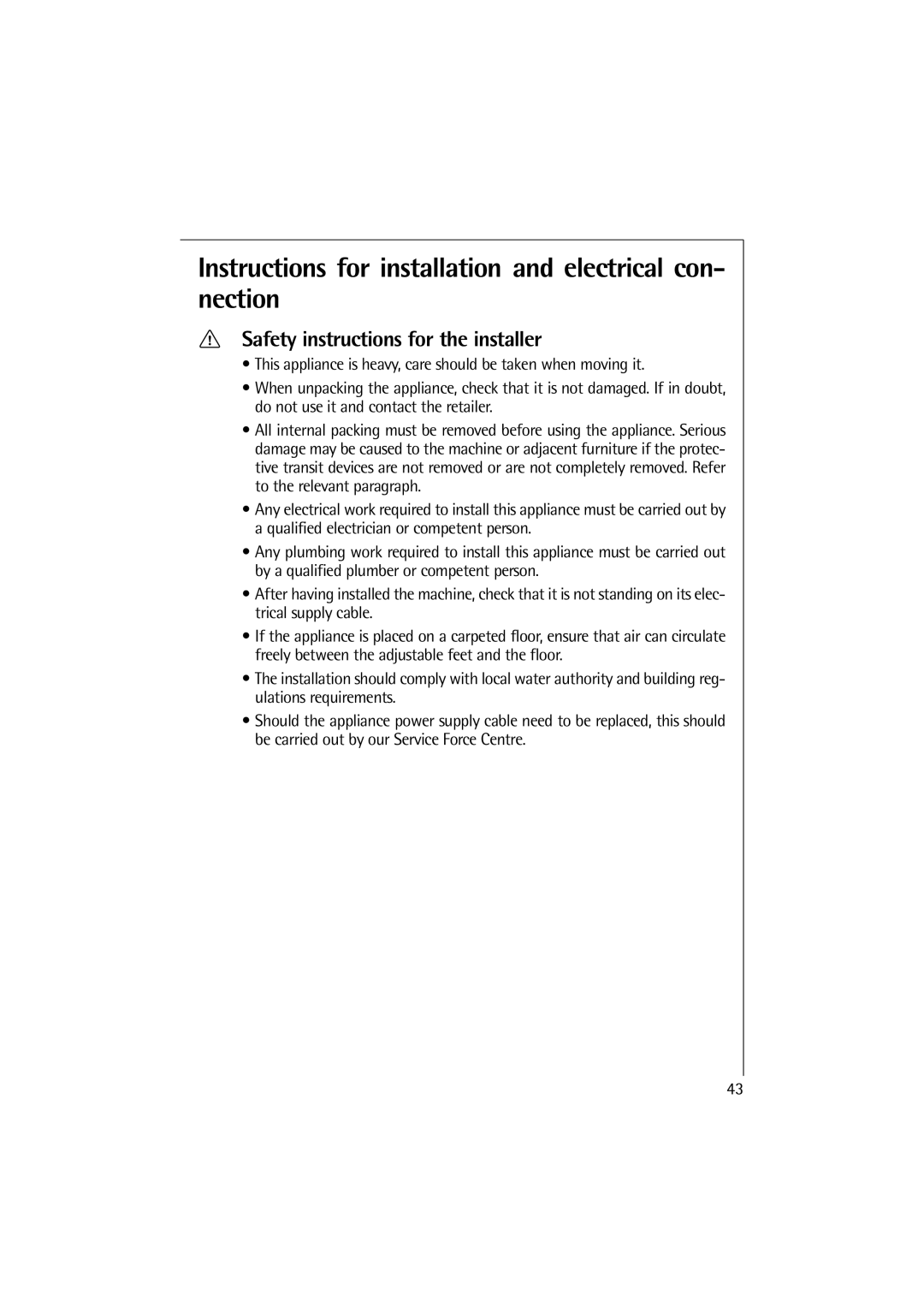 AEG L 14510 VI manual Instructions for installation and electrical con- nection, Safety instructions for the installer 