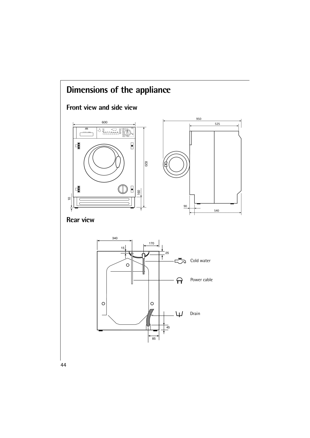 AEG L 12510 VI, L 14510 VI manual Front view and side view, Rear view 