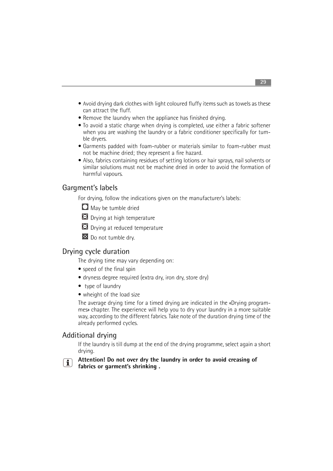 AEG L 14840 user manual Gargment’s labels, Drying cycle duration, Additional drying 