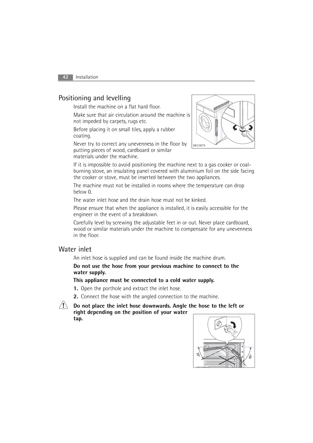 AEG L 14840 user manual Positioning and levelling, Water inlet 