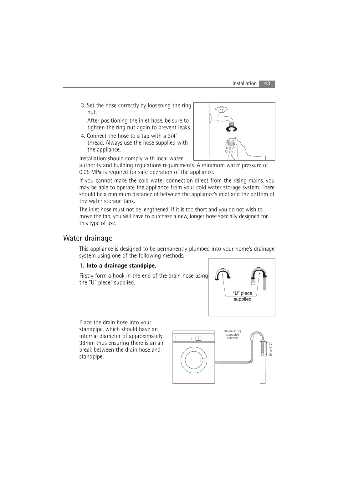 AEG L 14840 user manual Water drainage, Set the hose correctly by loosening the ring nut 