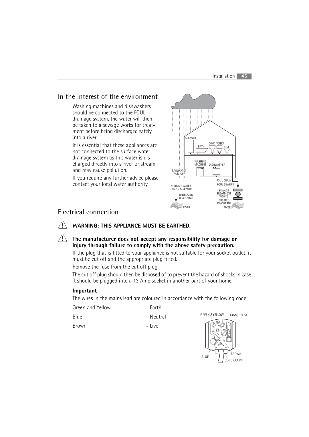 AEG L 14840 user manual Interest of the environment, Electrical connection, Green and Yellow Earth Blue, Brown Live 