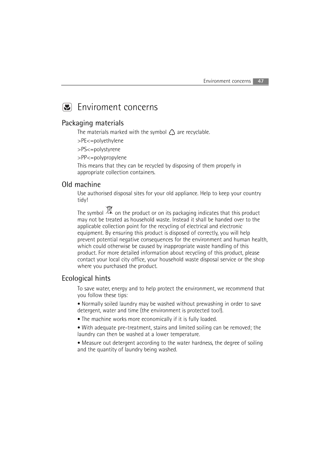 AEG L 14840 user manual Enviroment concerns, Packaging materials, Old machine, Ecological hints 