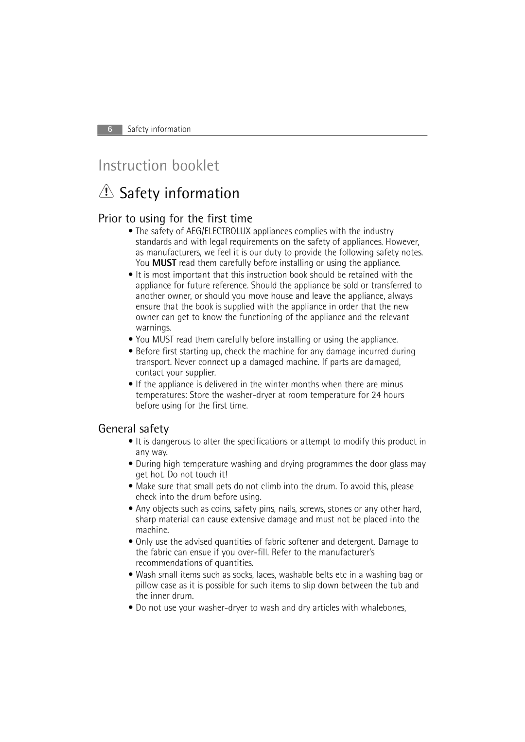 AEG L 14840 user manual Safety information, Prior to using for the first time, General safety 