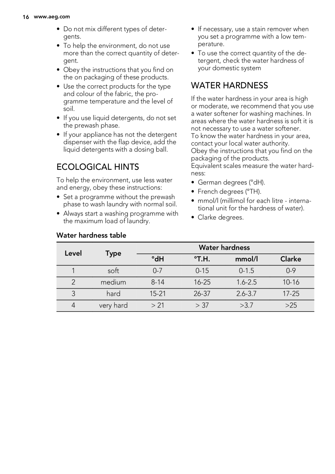 AEG L 60060 TL, L 60260 TL user manual Ecological Hints, Water Hardness 