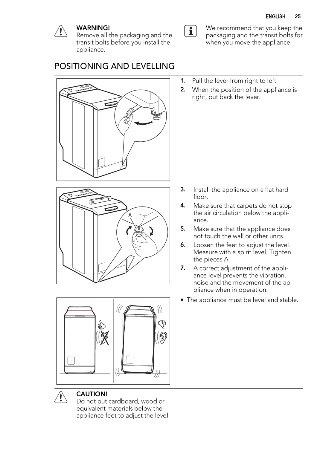 AEG L 60260 TL, L 60060 TL user manual Positioning and Levelling 