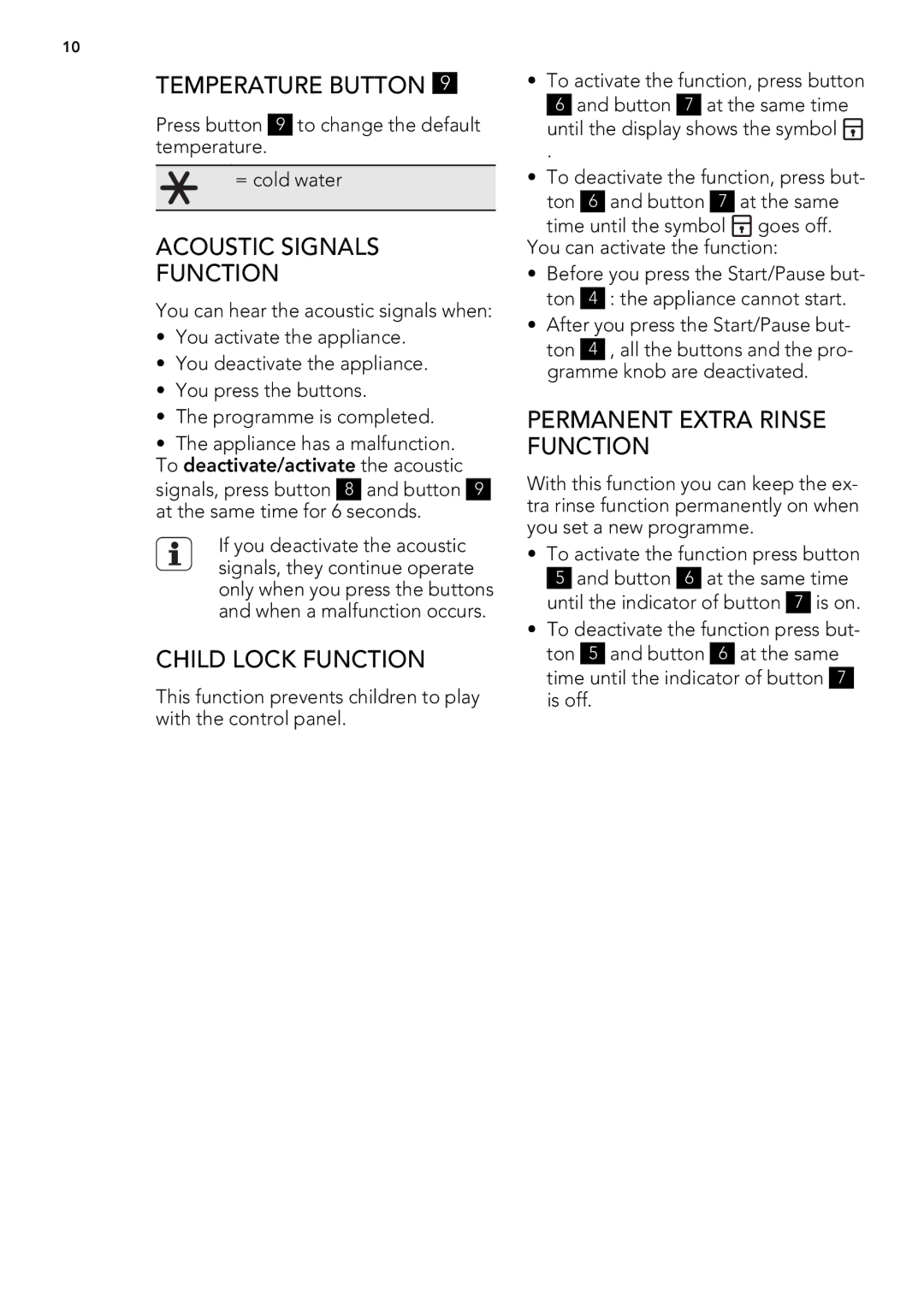 AEG L 60260 FL Temperature Button, Acoustic Signals Function, Child Lock Function, Permanent Extra Rinse Function 