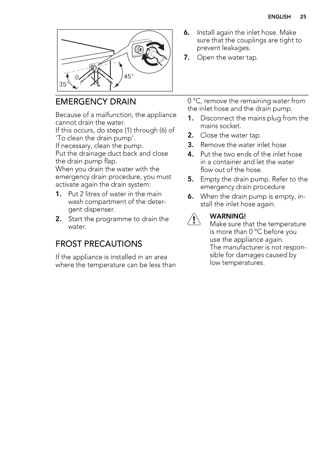 AEG L 60260 FL user manual Emergency Drain, Frost Precautions 