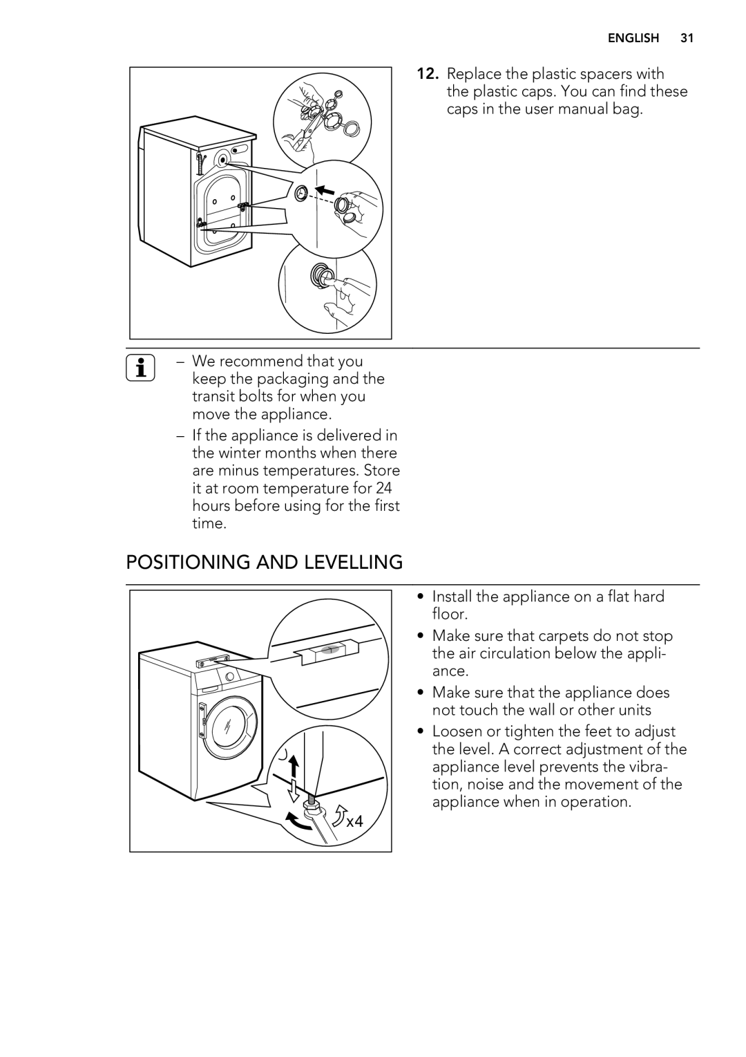 AEG L 60260 FL user manual Positioning and Levelling 