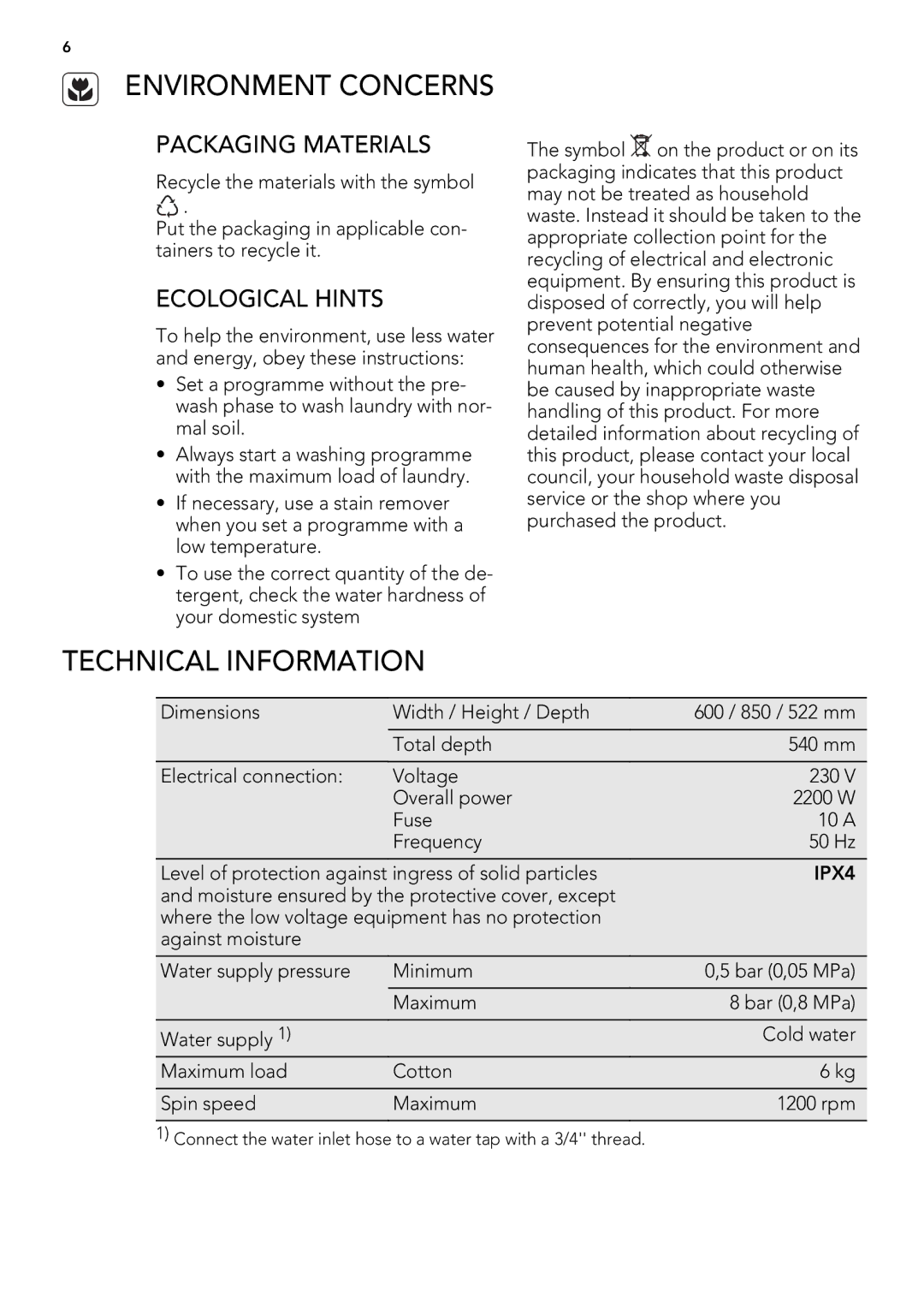 AEG L 60260 FL user manual Environment Concerns, Technical Information, Packaging Materials, Ecological Hints 