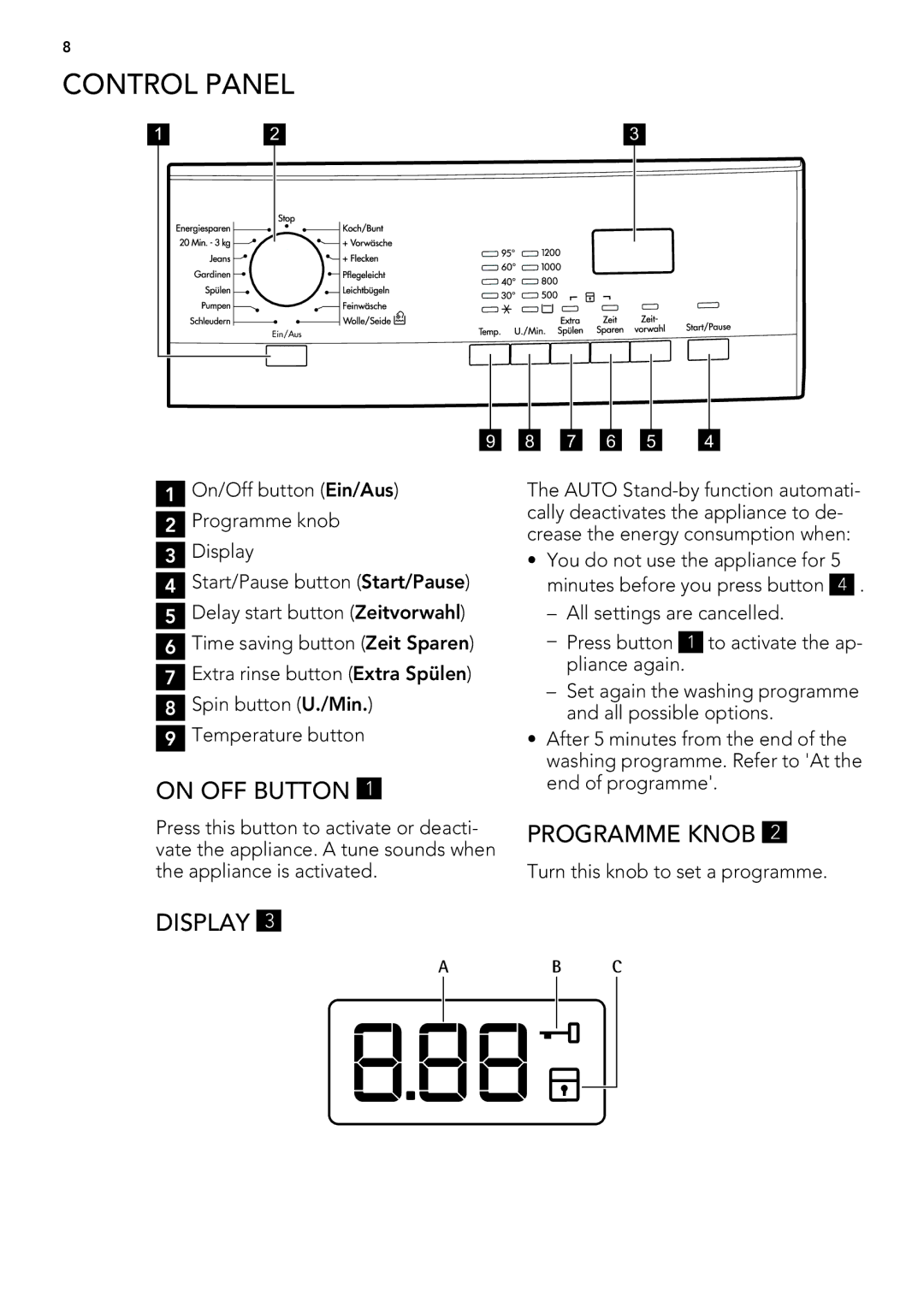 AEG L 60260 FL user manual Control Panel, On OFF Button, Display, Programme Knob 