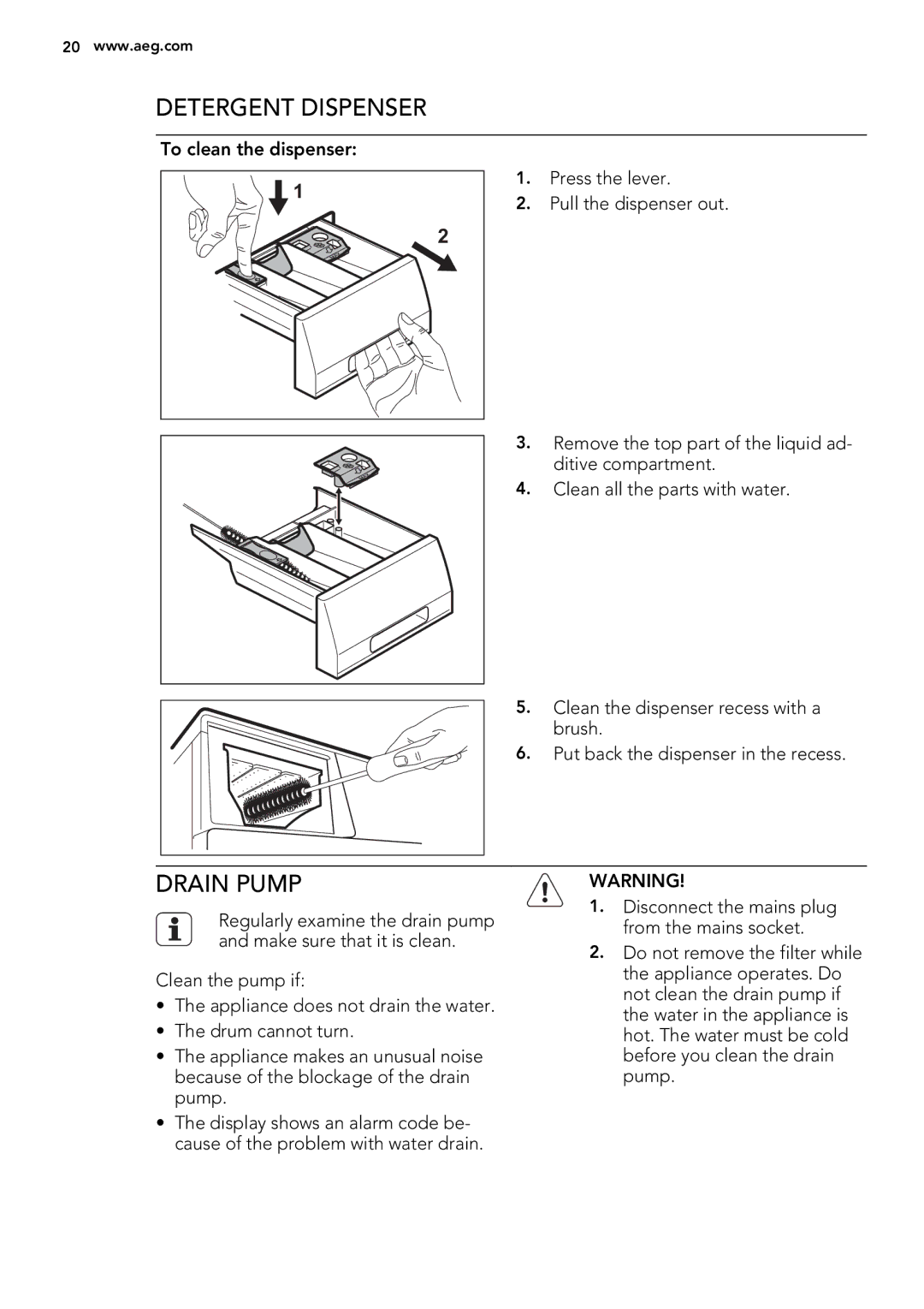 AEG L 60270 user manual Detergent Dispenser, Drain Pump 