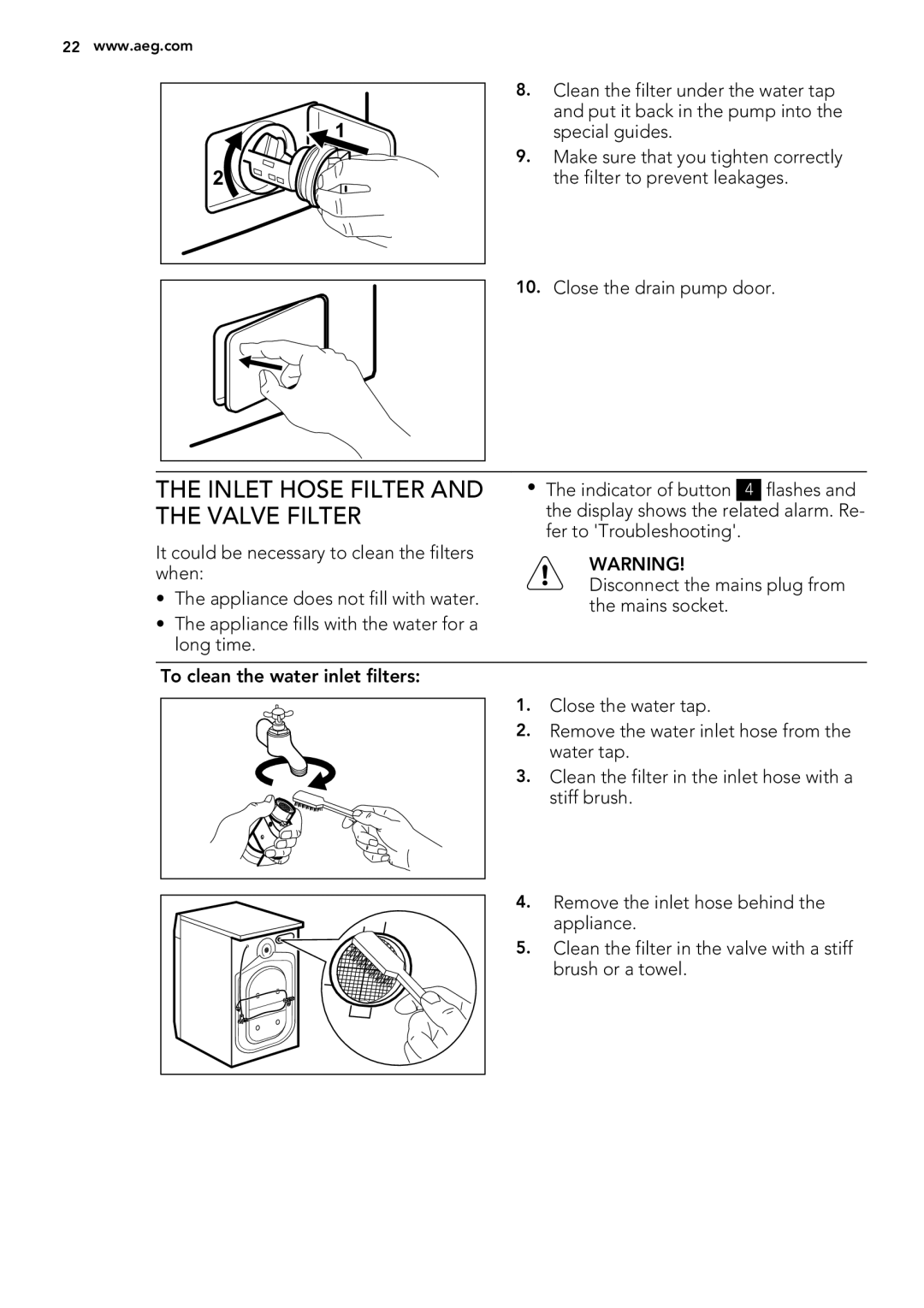 AEG L 60270 user manual Inlet Hose Filter, Valve Filter 