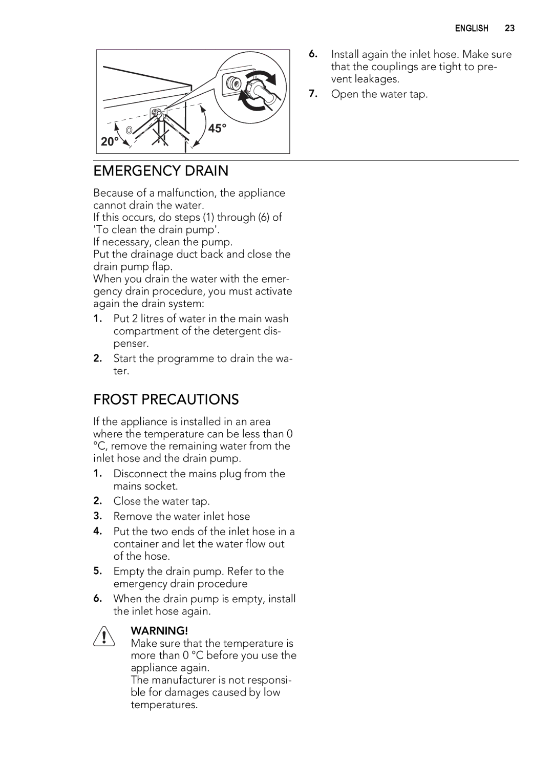 AEG L 60270 user manual Emergency Drain, Frost Precautions 