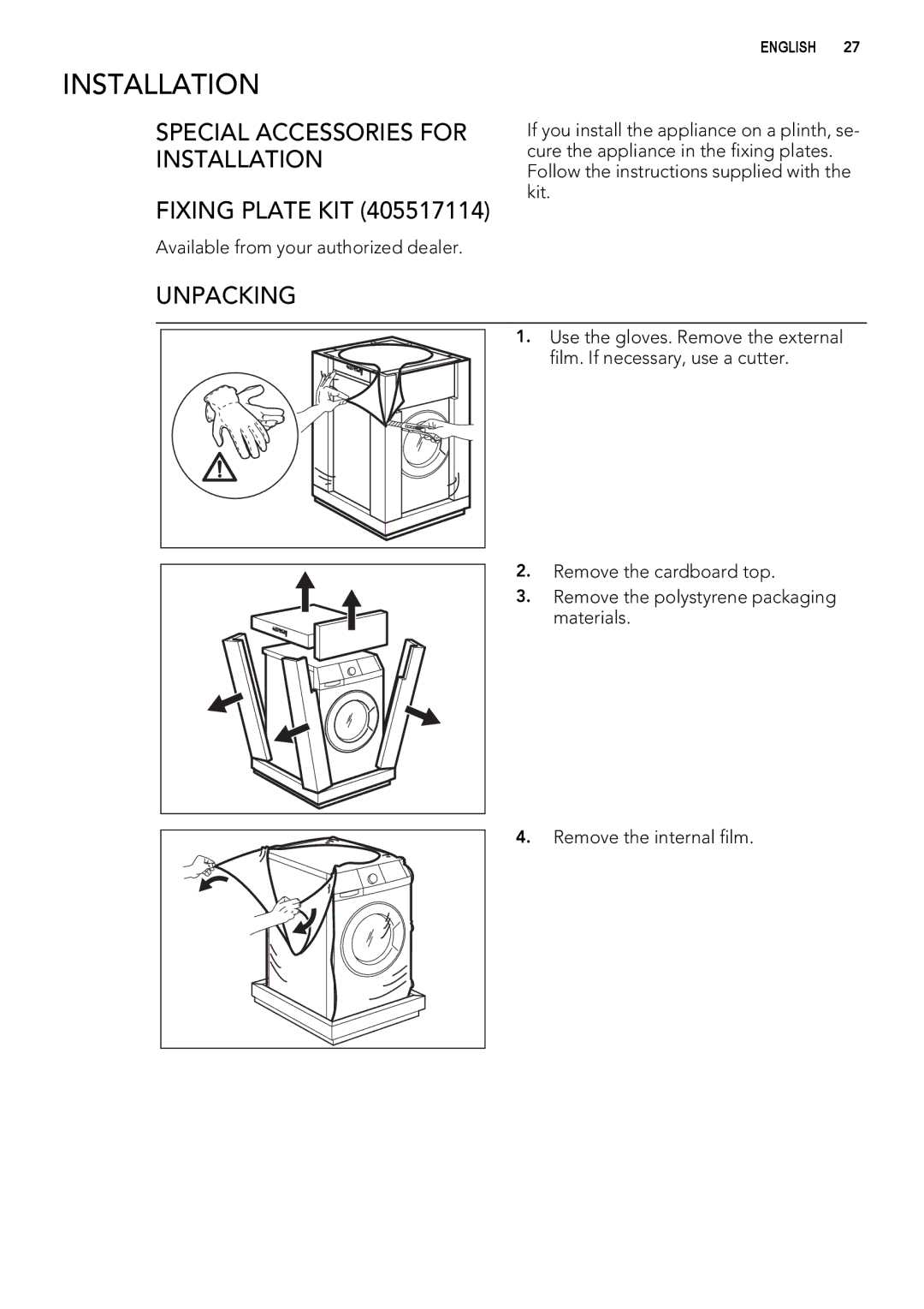 AEG L 60270 user manual Special Accessories for Installation, Unpacking 