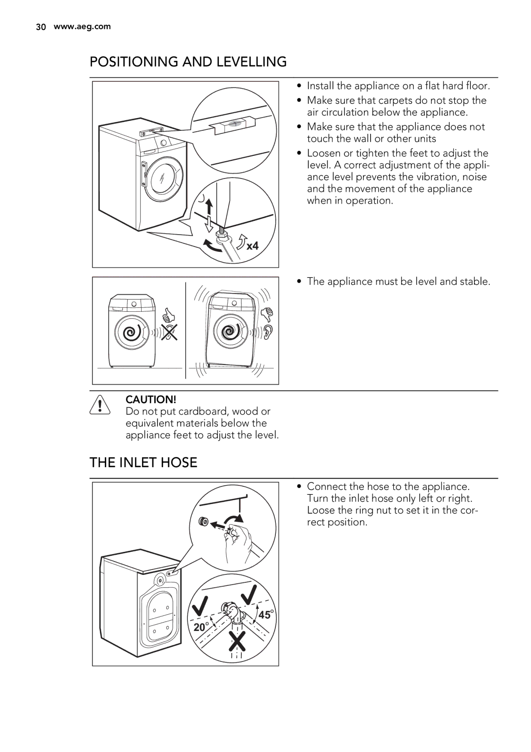 AEG L 60270 user manual Positioning and Levelling, Inlet Hose 