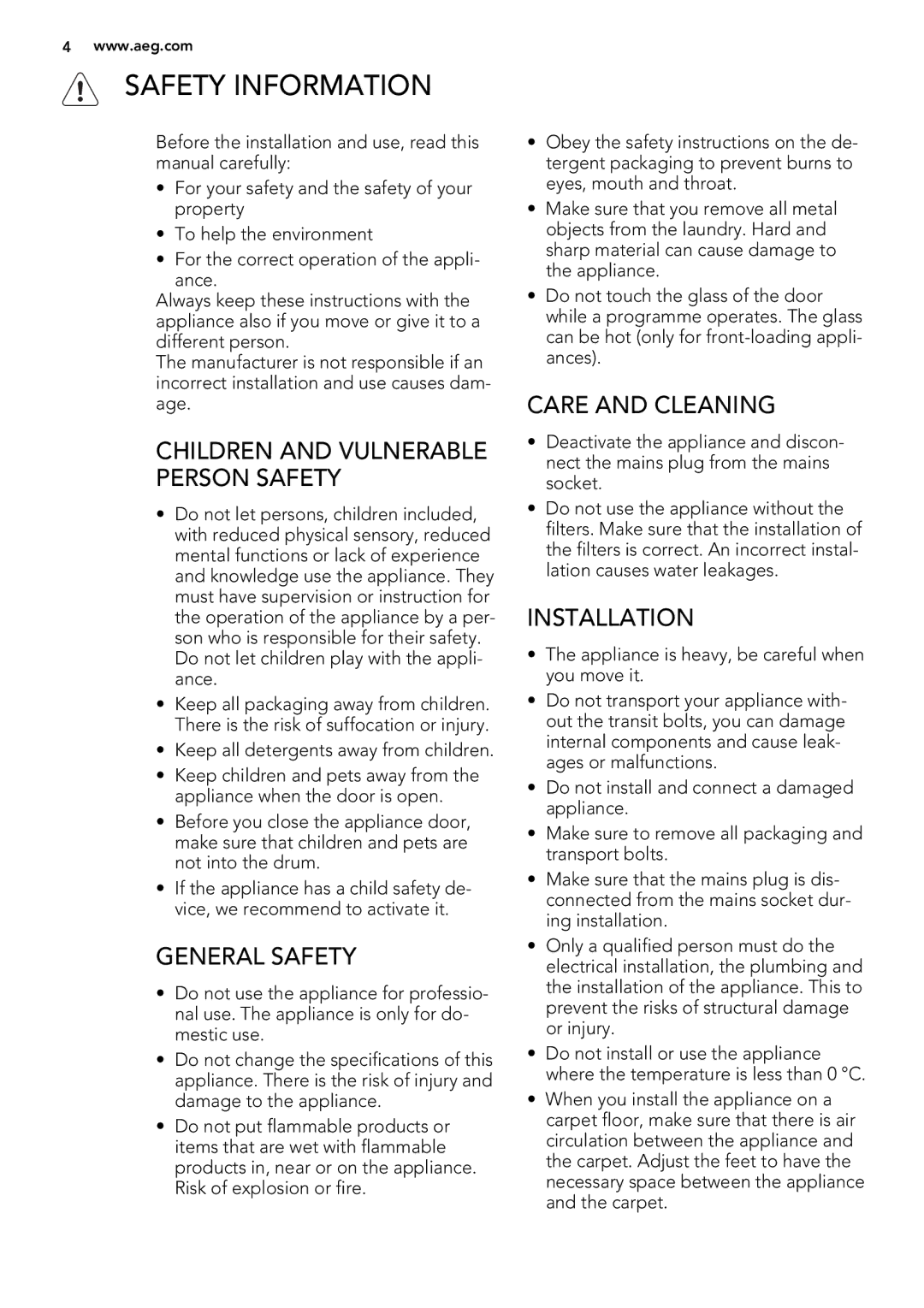 AEG L 60270 user manual Safety Information, General Safety, Care and Cleaning, Installation 